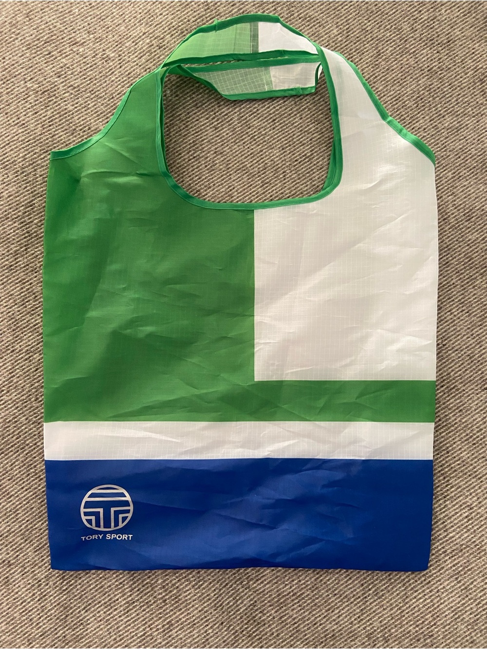 Tory Sport green, white and blue stripe tote bag